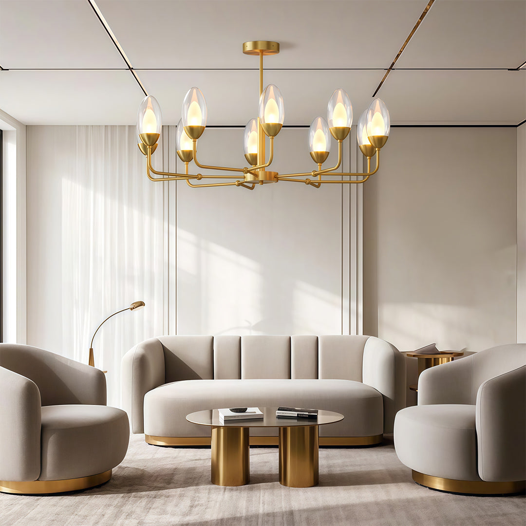 Refined modern minimalist chandelier featuring glass shade chandelier aesthetic providing ambient lighting in modern living room.