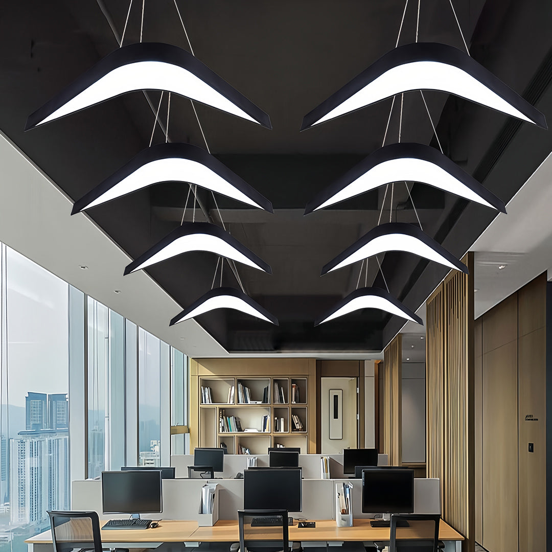 Wrought iron chandelier with a sleek design, offering a refined lighting solution for modern dining or meeting areas.