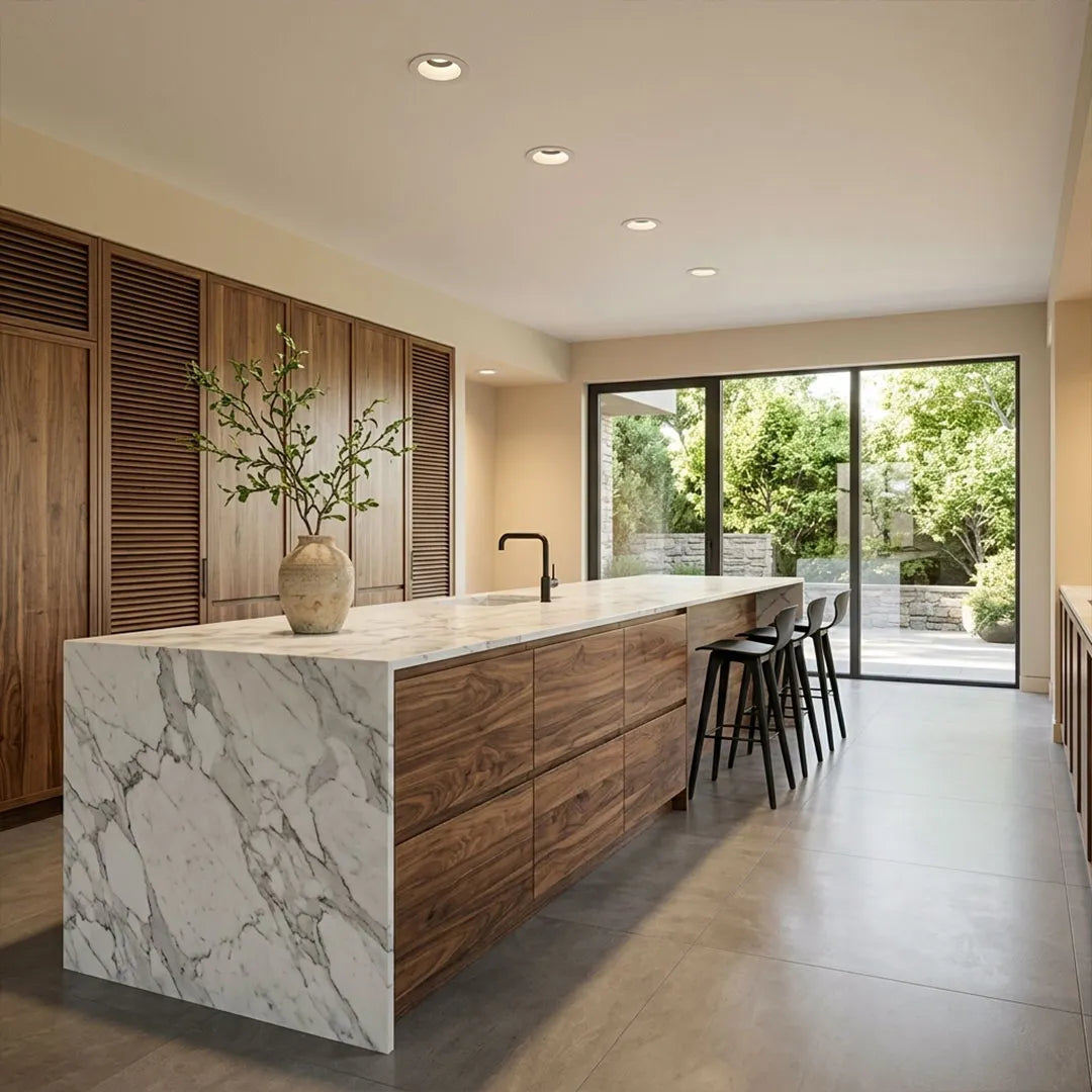 Regressed round recessed LED ceiling downlights installed across a modern kitchen ceiling above a marble island.