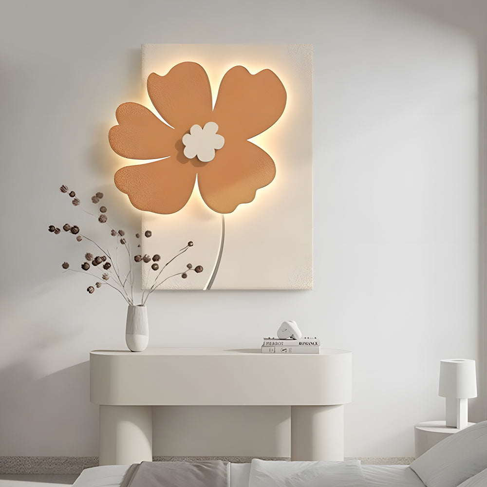Relief wall lamp with a white flower design, mounted in a minimalist hallway.
