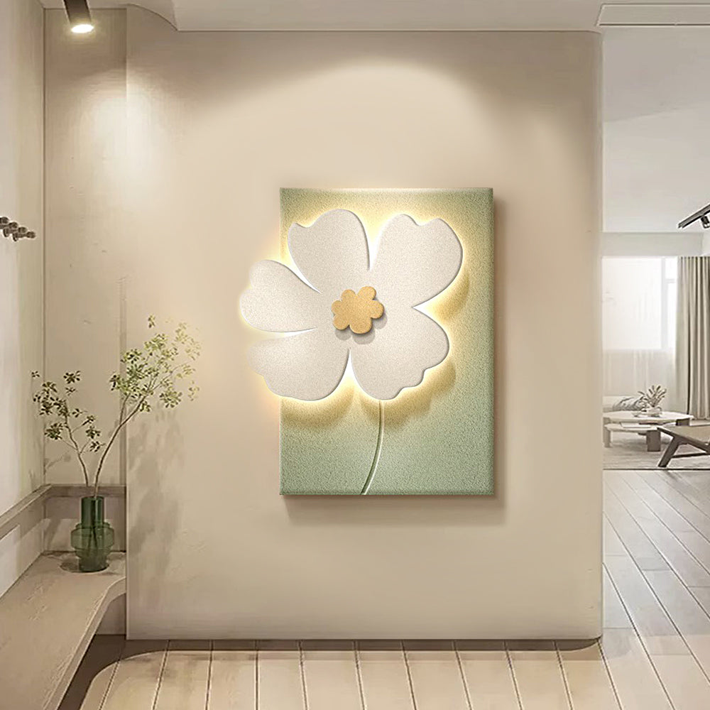 Relief wall lamp with a white flower design, providing soft light in a contemporary interior.