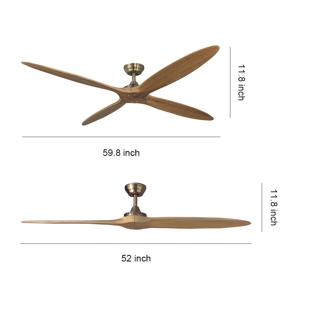 Remote wooden controlled ceiling fan in two sizes showing brass motor and wood blades