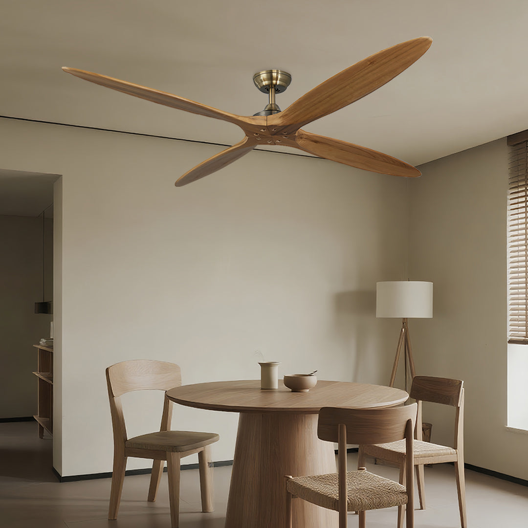 Wooden remote controlled ceiling fan installed in elegant dining room with neutral decor