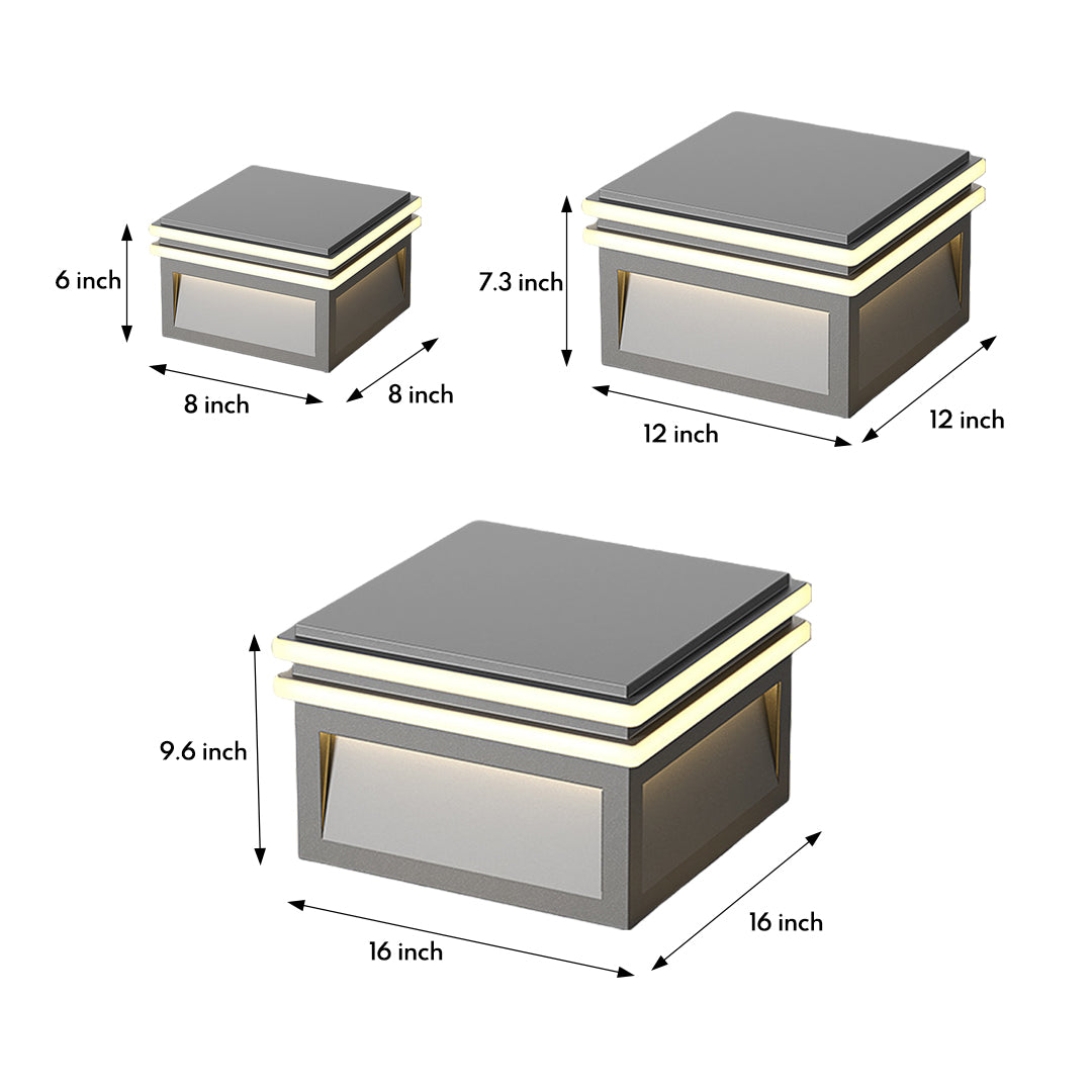 Rendered metal pillar lights showing sleek rectangular design with integrated LED strips for architectural lighting