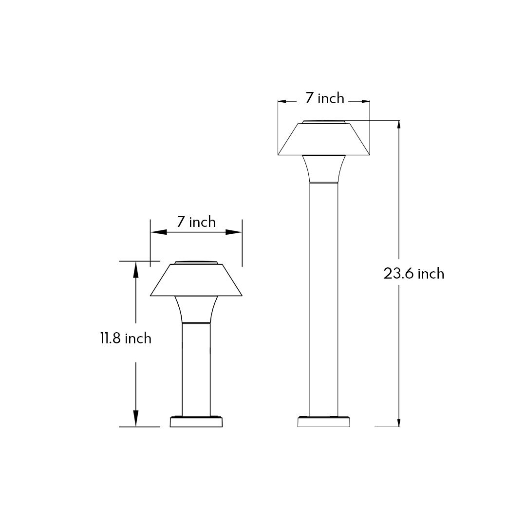 Technical drawing of residential bollard lights with dimensions, illustrating size and proportions for outdoor installation.