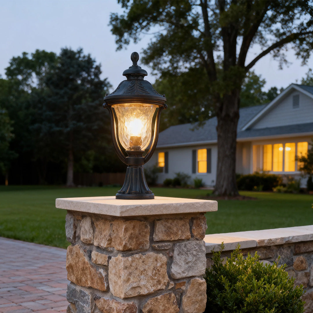 Modern pillar light in a residential garden, warm and inviting outdoor lighting fixture