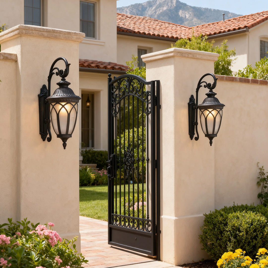 Outdoor wall light in a residential garden, warm and inviting exterior lighting fixture