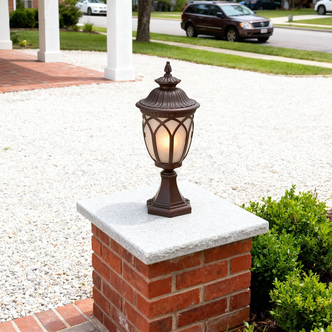 Garden pillar light in a residential garden, elegant and functional outdoor lighting