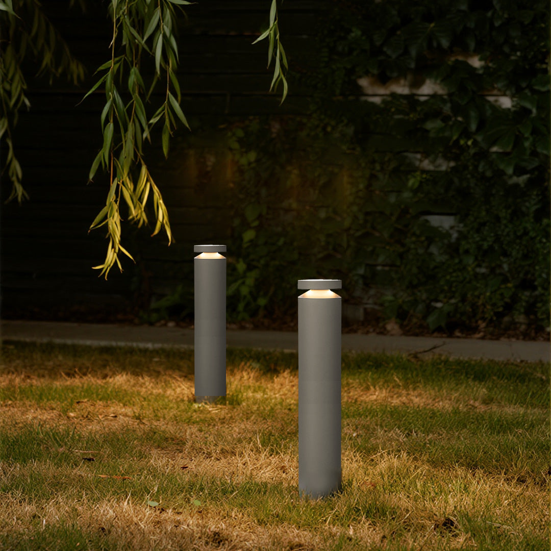 Multiple pathway LED lights illuminating residential lawn area creating safe evening navigation lighting