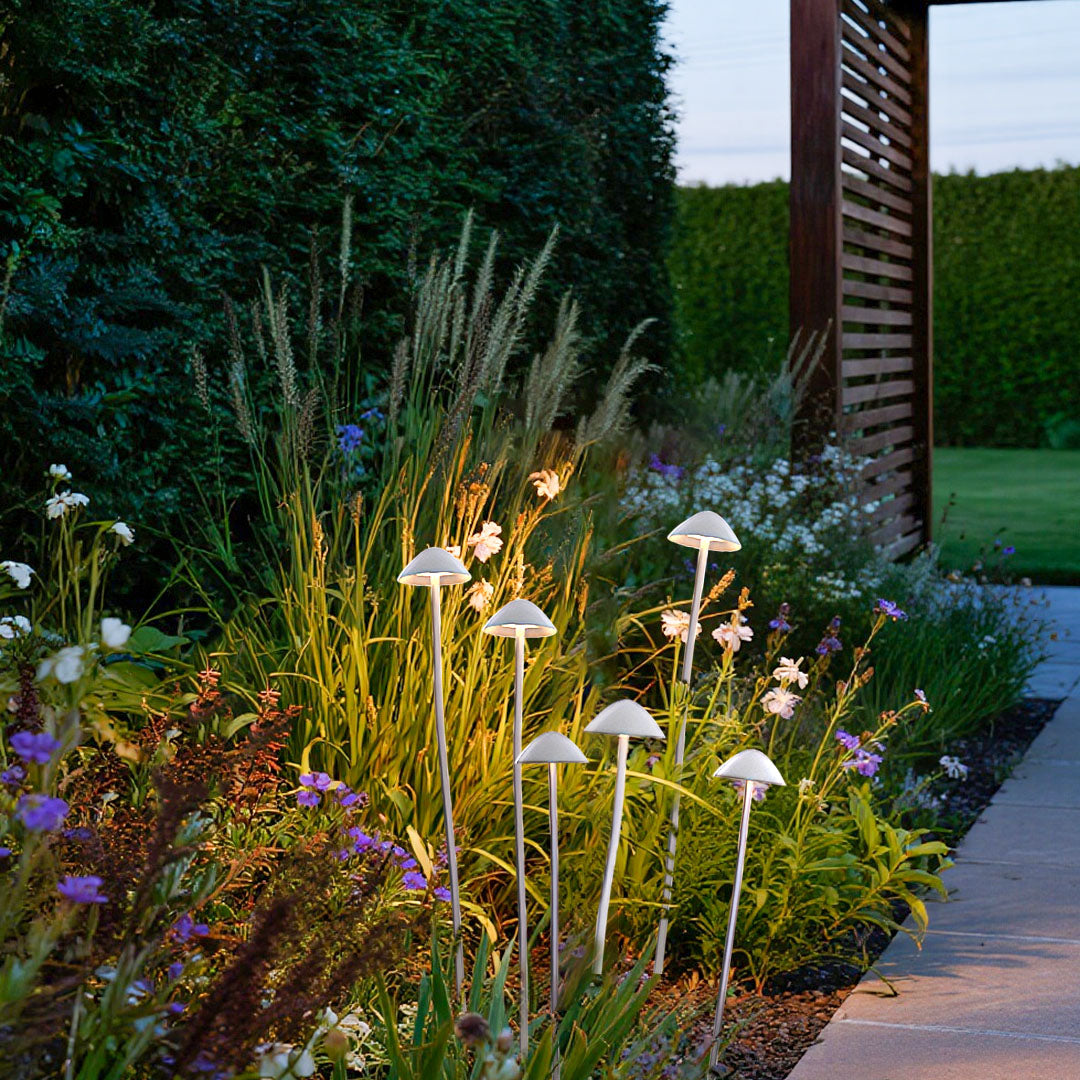 Contemporary residential mushroom garden lights creating beautiful accent lighting among ornamental grasses and modern architecture