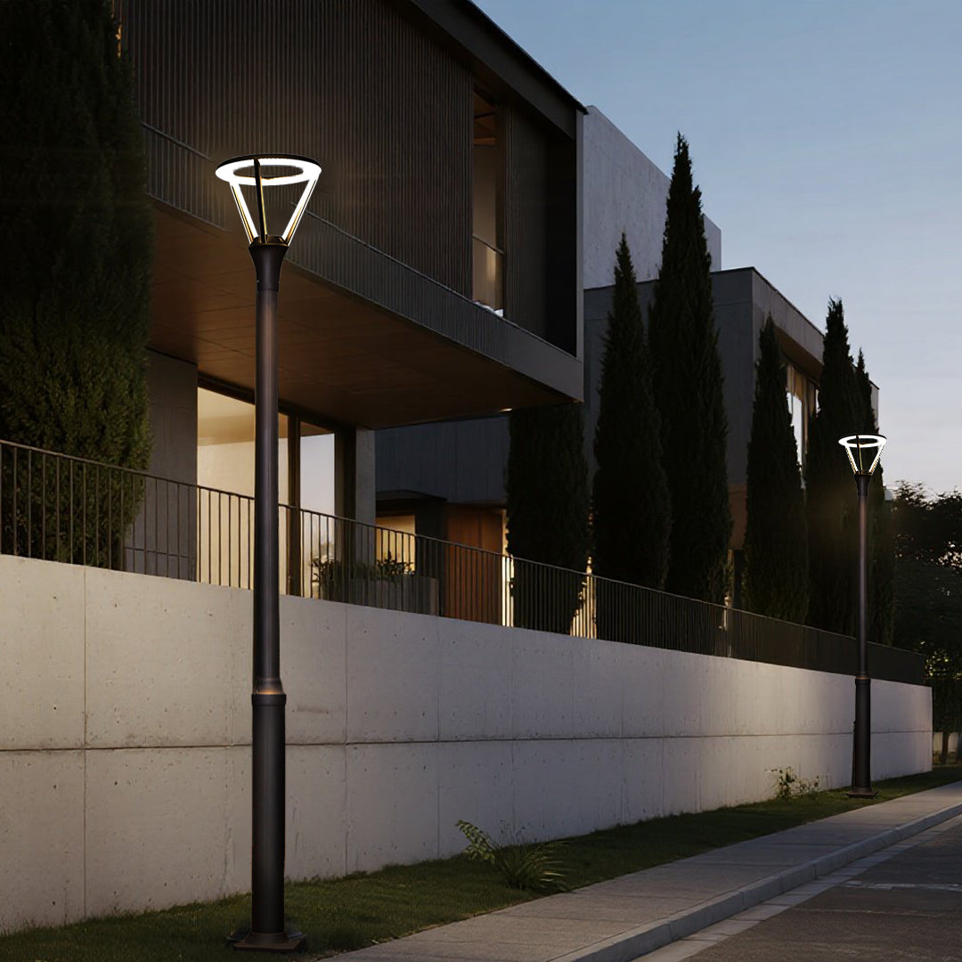 Residential street lighting with geometric fixtures providing ambient illumination for modern neighborhood