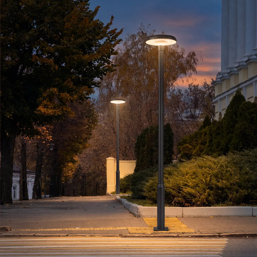 Residential street lighting installed along a neighborhood sidewalk with modern lamp posts glowing at dusk.