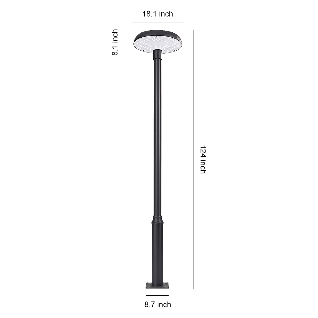 Residential streetlight with sleek design, illuminating a park area during the evening.