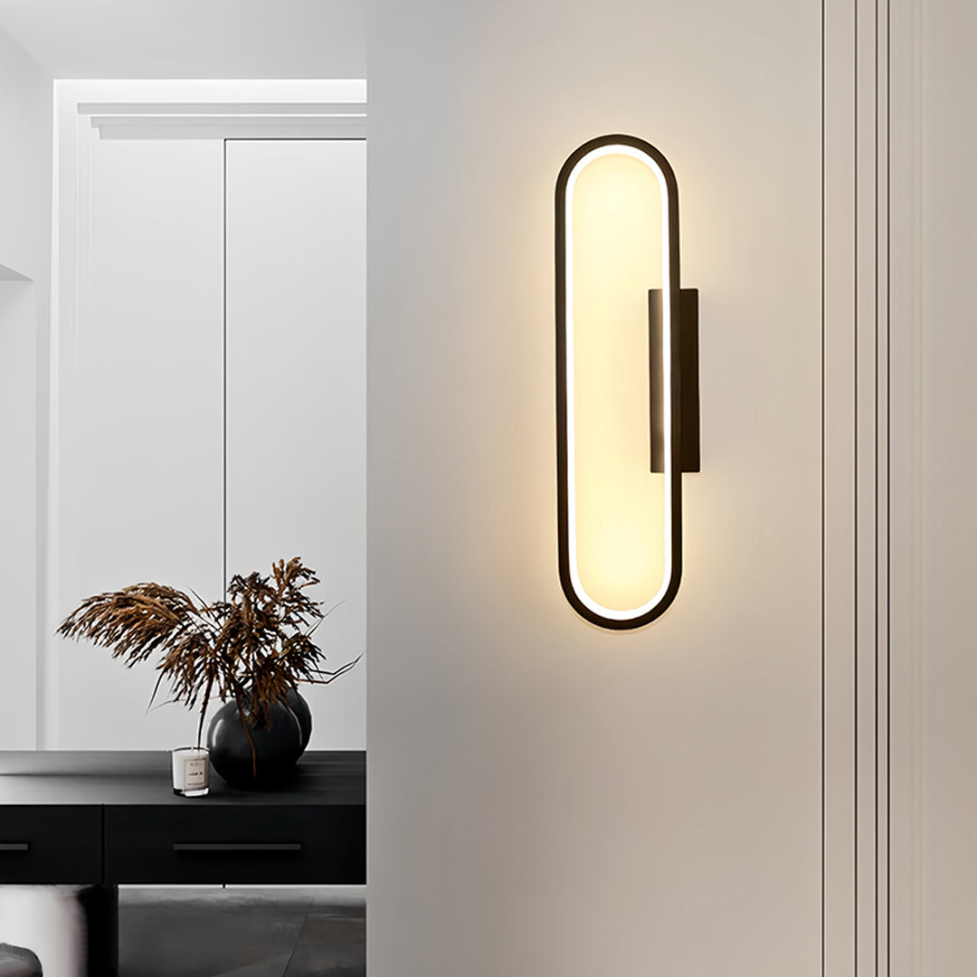 Residential wall pack LED light with warm tone illumination in contemporary home interior