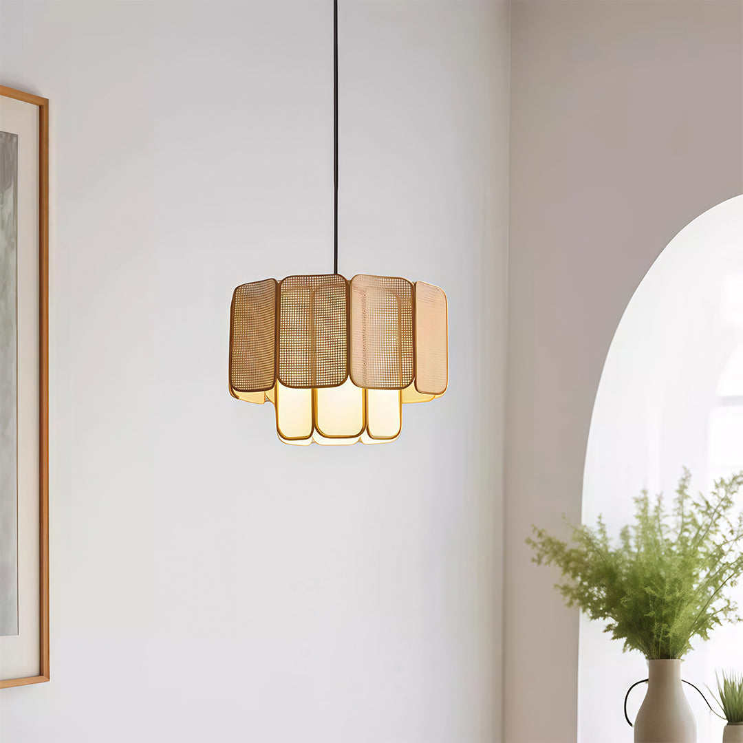 Hanging bamboo pendant lights in a restaurant, enhancing the decor with natural materials and soft lighting.