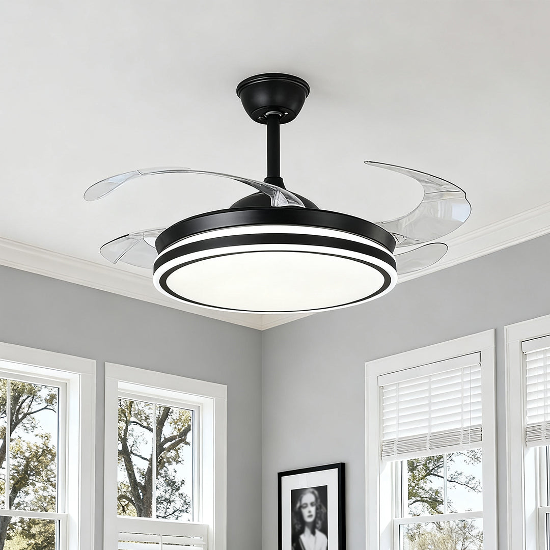Close-up view of the retractable blade black ceiling fan with lights in a grey room 