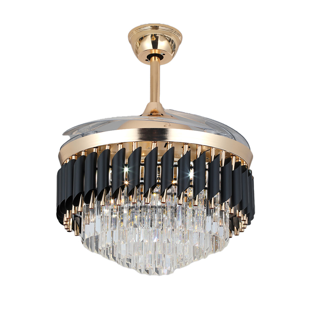 Retractable blade black ceiling fans with light featuring a crystal drop and gold canopy 