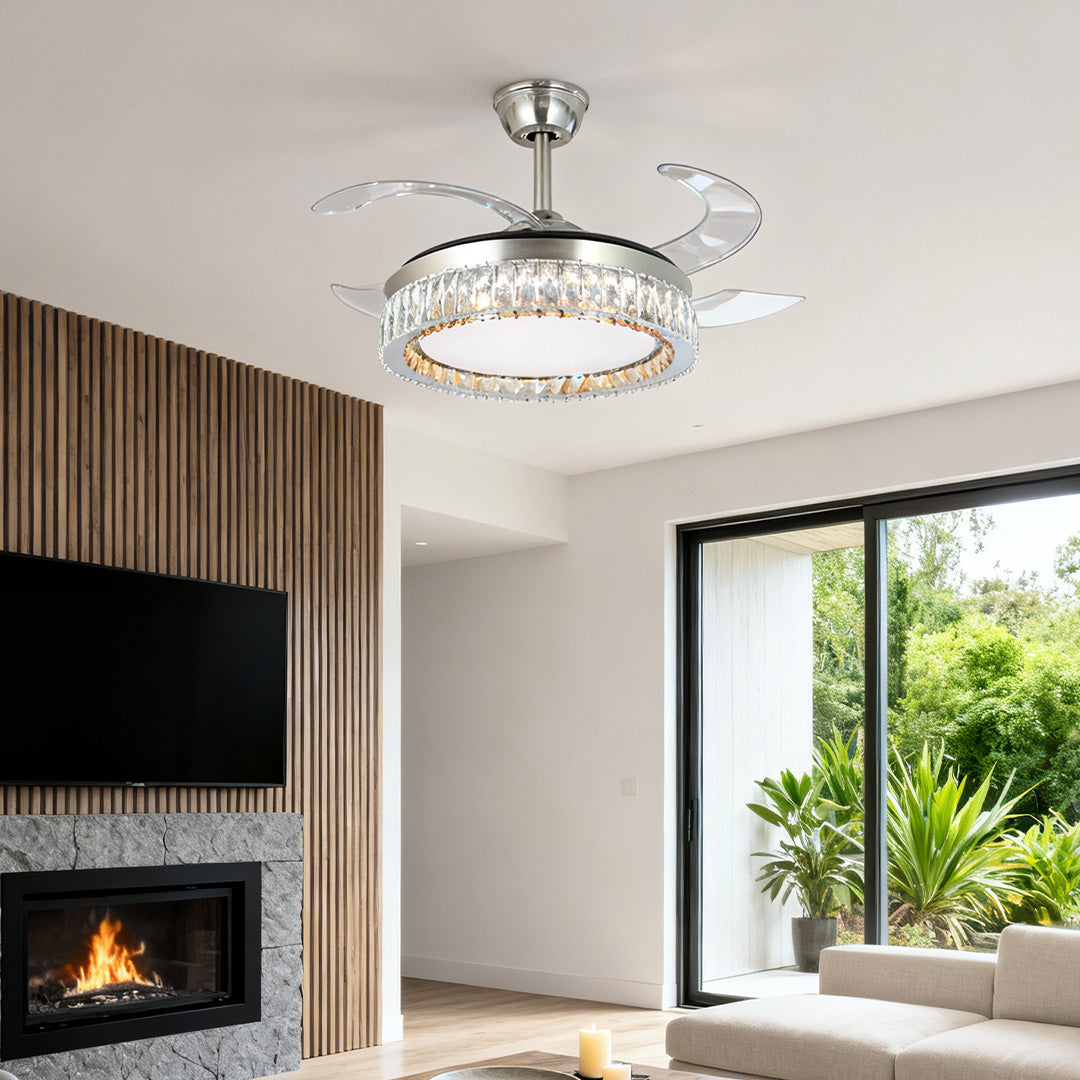 Retractable blade crystal ceiling fan with light in a contemporary wood-accented home 