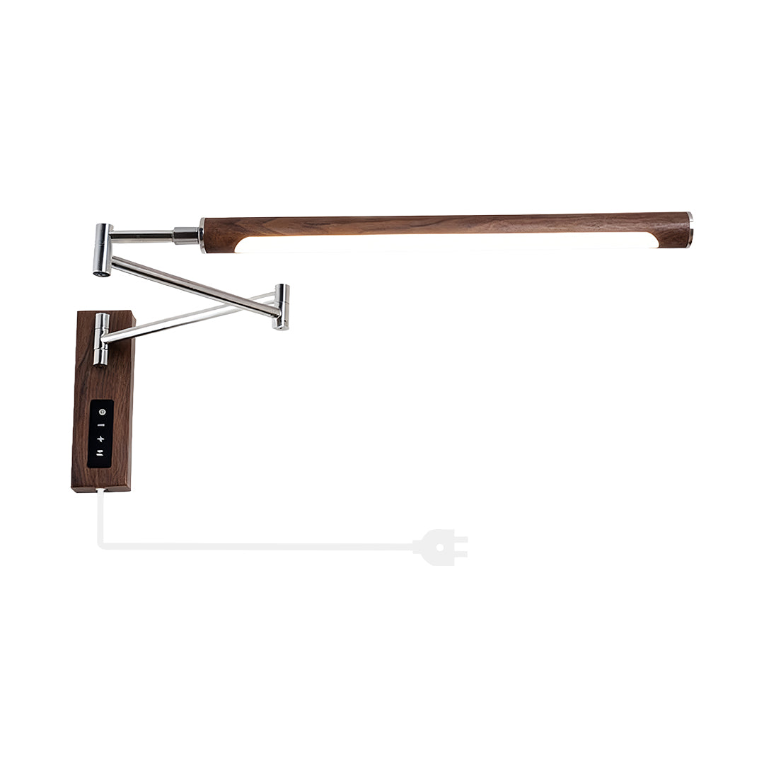 Retractable long-bar swing wall light showing the walnut base and power cord detail for plug-in use
