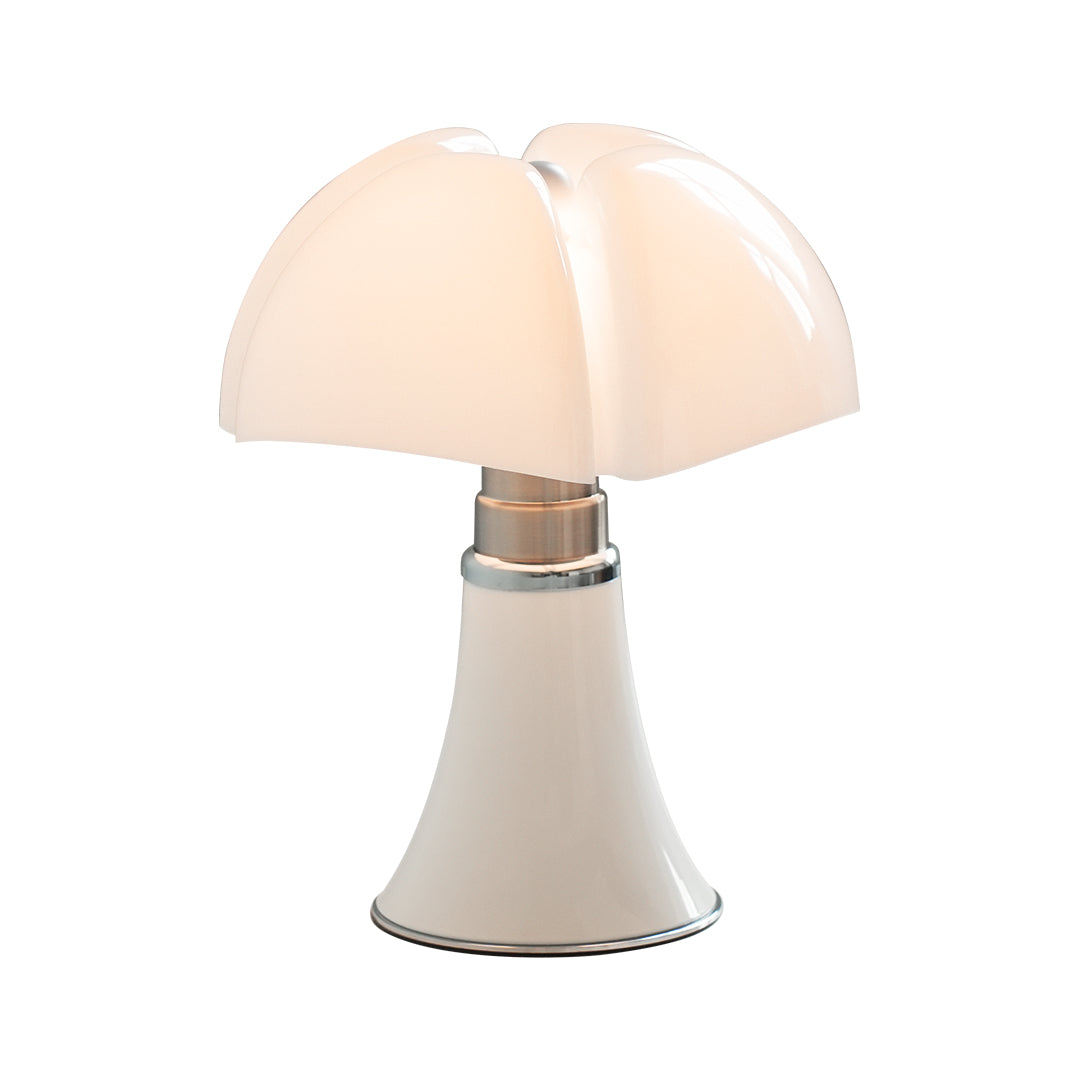 Retro Bauhaus table lamp with white shade and cream base, minimalist design.
