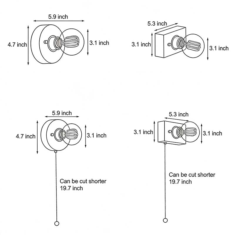 Technical diagram showing dimensions and structure of retro bedside wall light models.
