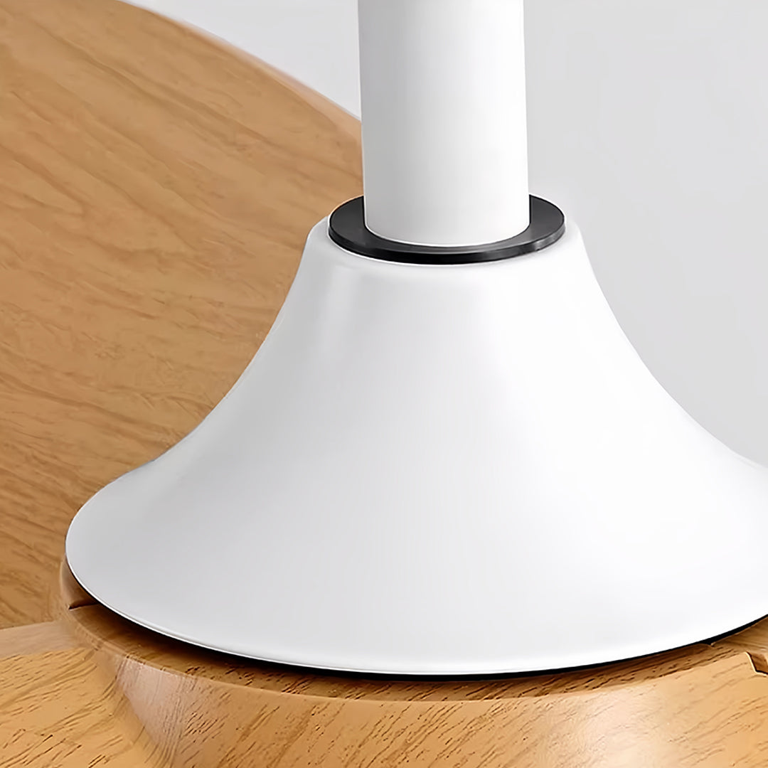 Angled perspective of retro ceiling fan with light displaying dome shape and wood blade attachment