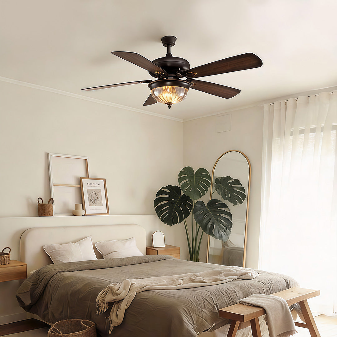 Retro ceiling fan light mounted in a cozy bedroom with soft natural daylight.