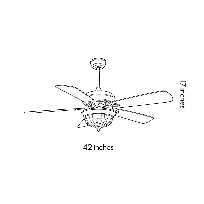Retro ceiling fan light dimension diagram showing blade span and height measurements.