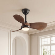Tropical style retro ceiling fan with light featuring dark walnut leaf-shaped blades in a classic interior.