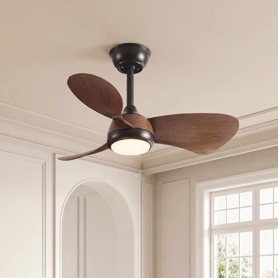 Tropical style retro ceiling fan with light featuring dark walnut leaf-shaped blades in a classic interior.