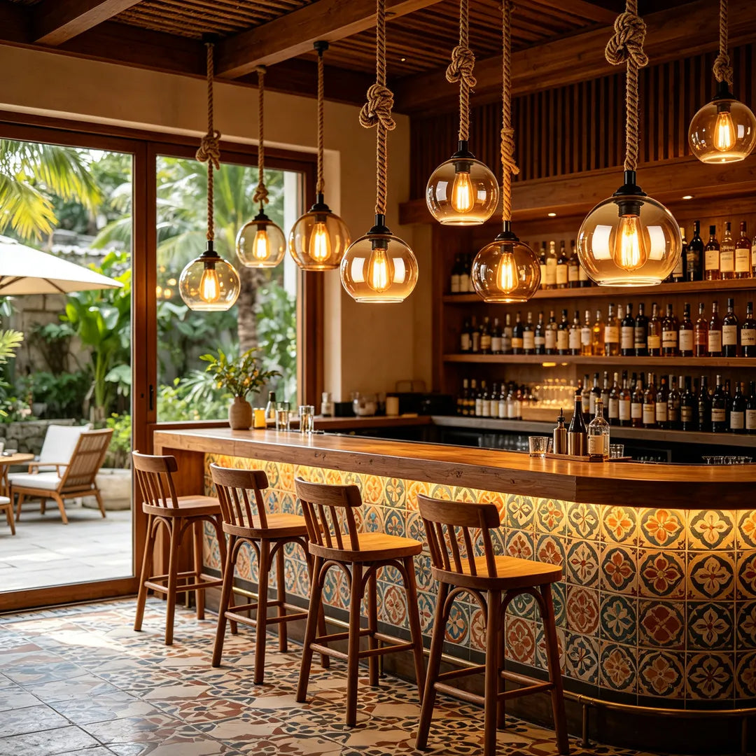 Retro glass pendant lights installed above a curved bar counter in a stylish indoor lounge.