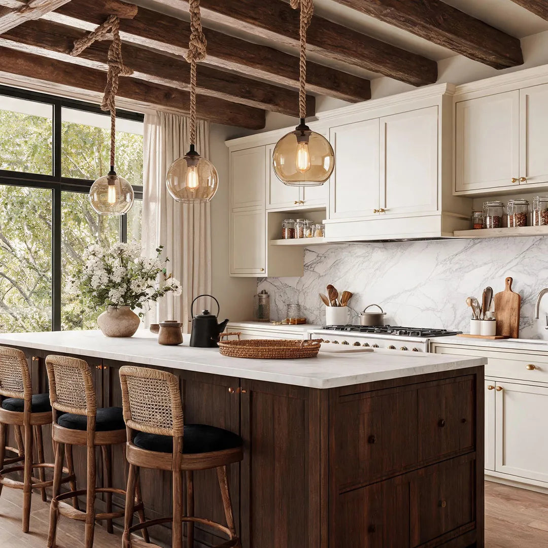 Retro glass pendant lights suspended over a large kitchen island with exposed wood ceiling beams.