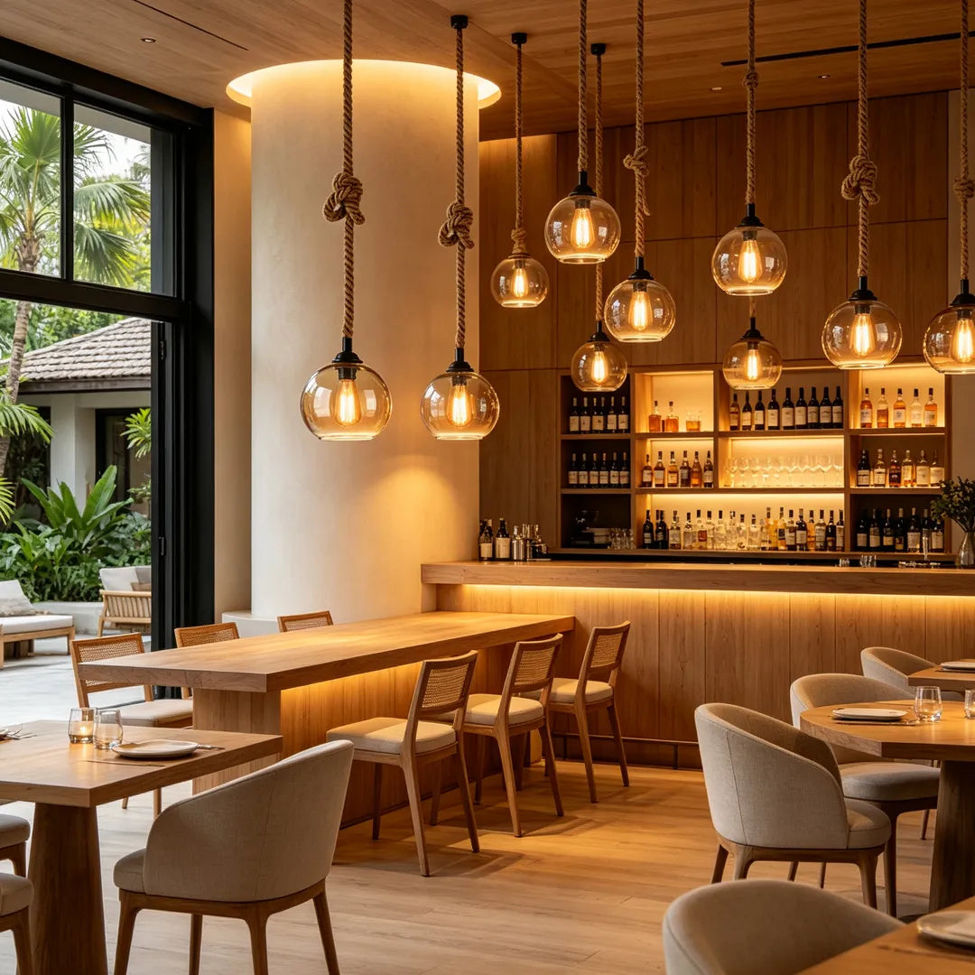 Retro glass pendant lights illuminating a modern restaurant dining area with warm ambient lighting.