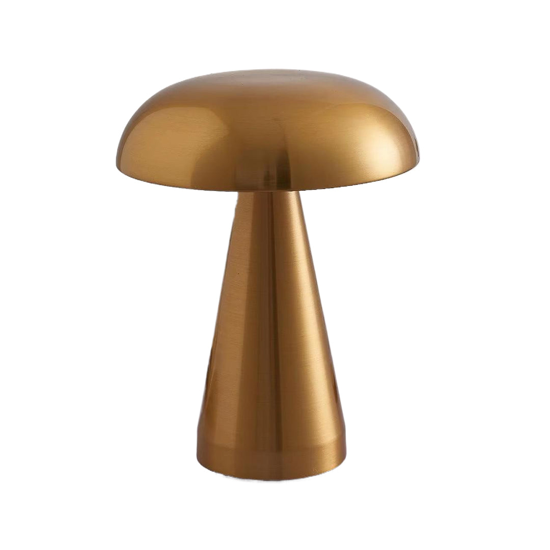 Retro metal table lamp featuring bronze mushroom shade with tapered conical base design