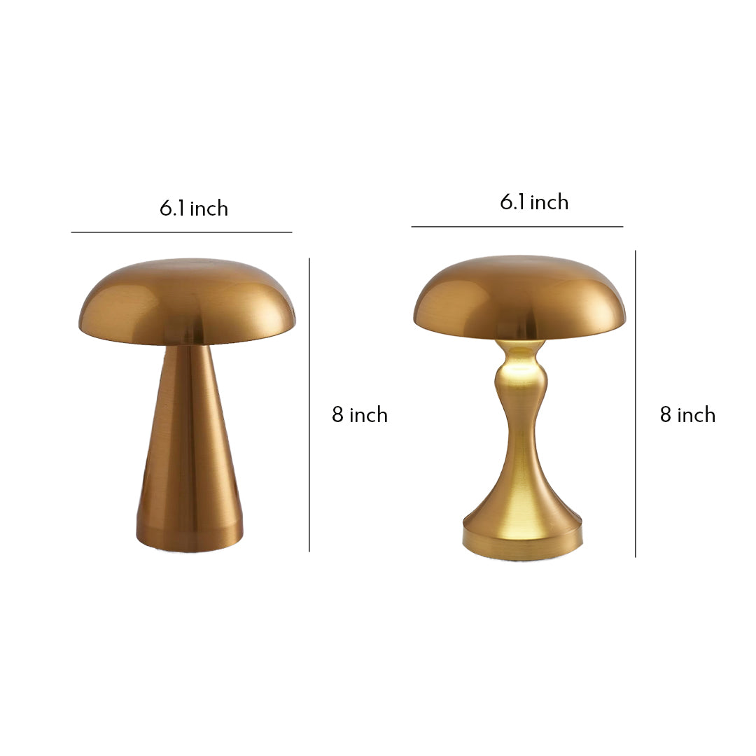 Size comparison chart showing two retro metal table lamp designs with mushroom-shaped shades