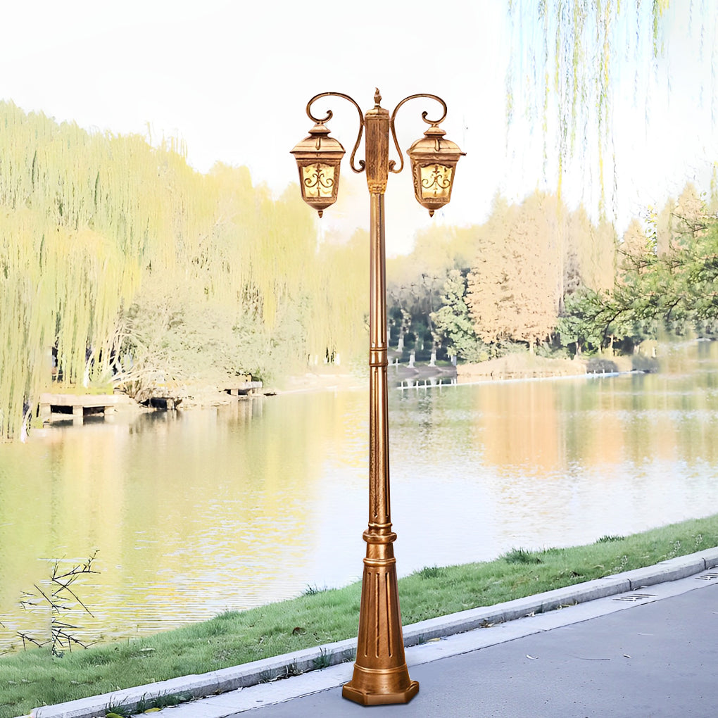 Retro outdoor lamp post installed near a lakeside walkway