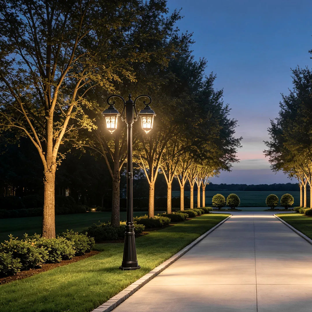Retro outdoor lamp post illuminating a long driveway lined with trees at dusk.