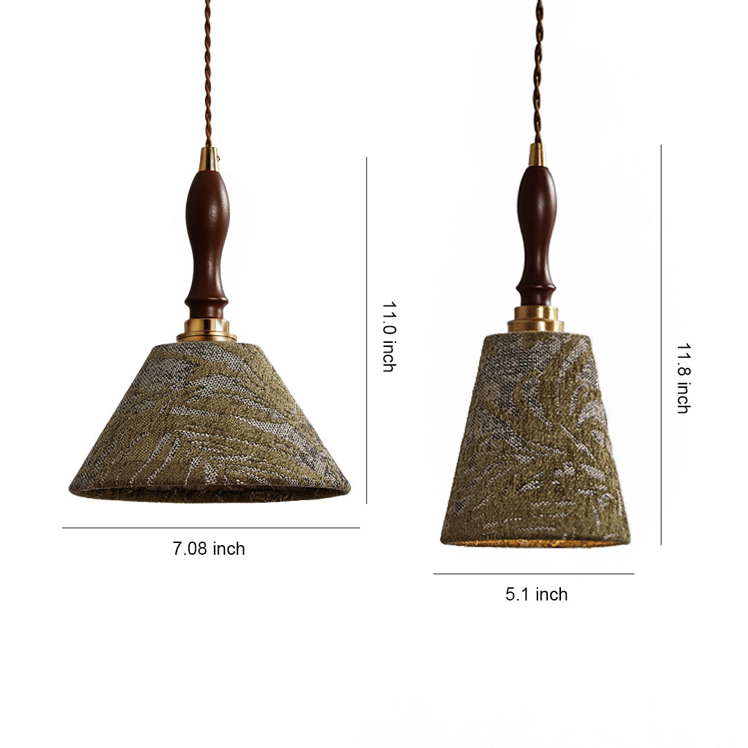 Retro pendant lighting with conical perforated metal shade and decorative turned wood finial in antique brass finish