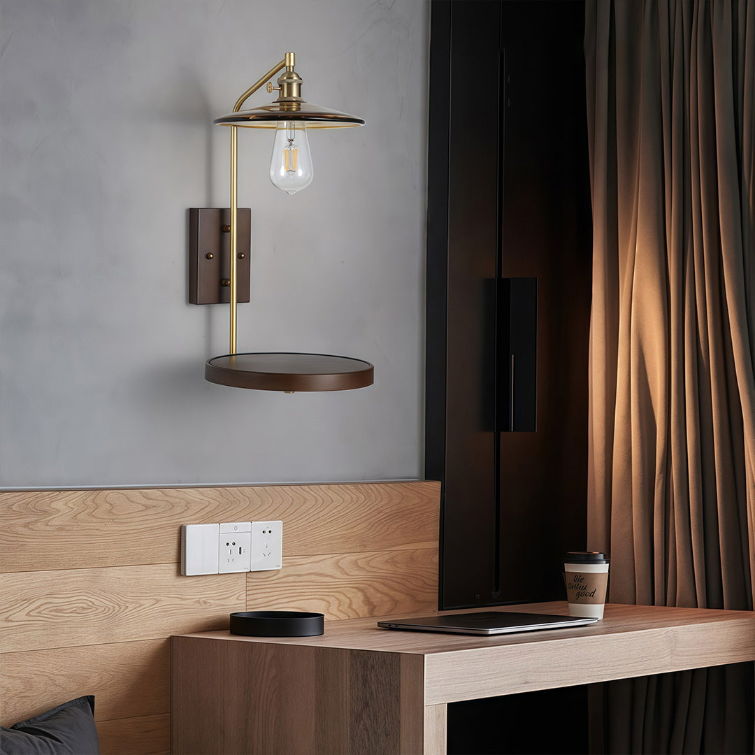 Retro-style glass wall lights with a small floating shelf, providing bedside illumination in a modern minimalist bedroom.