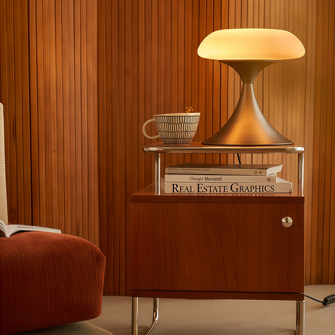 Retro style table lamps on a round wooden table, creating a cozy and inviting atmosphere in a minimalist room.