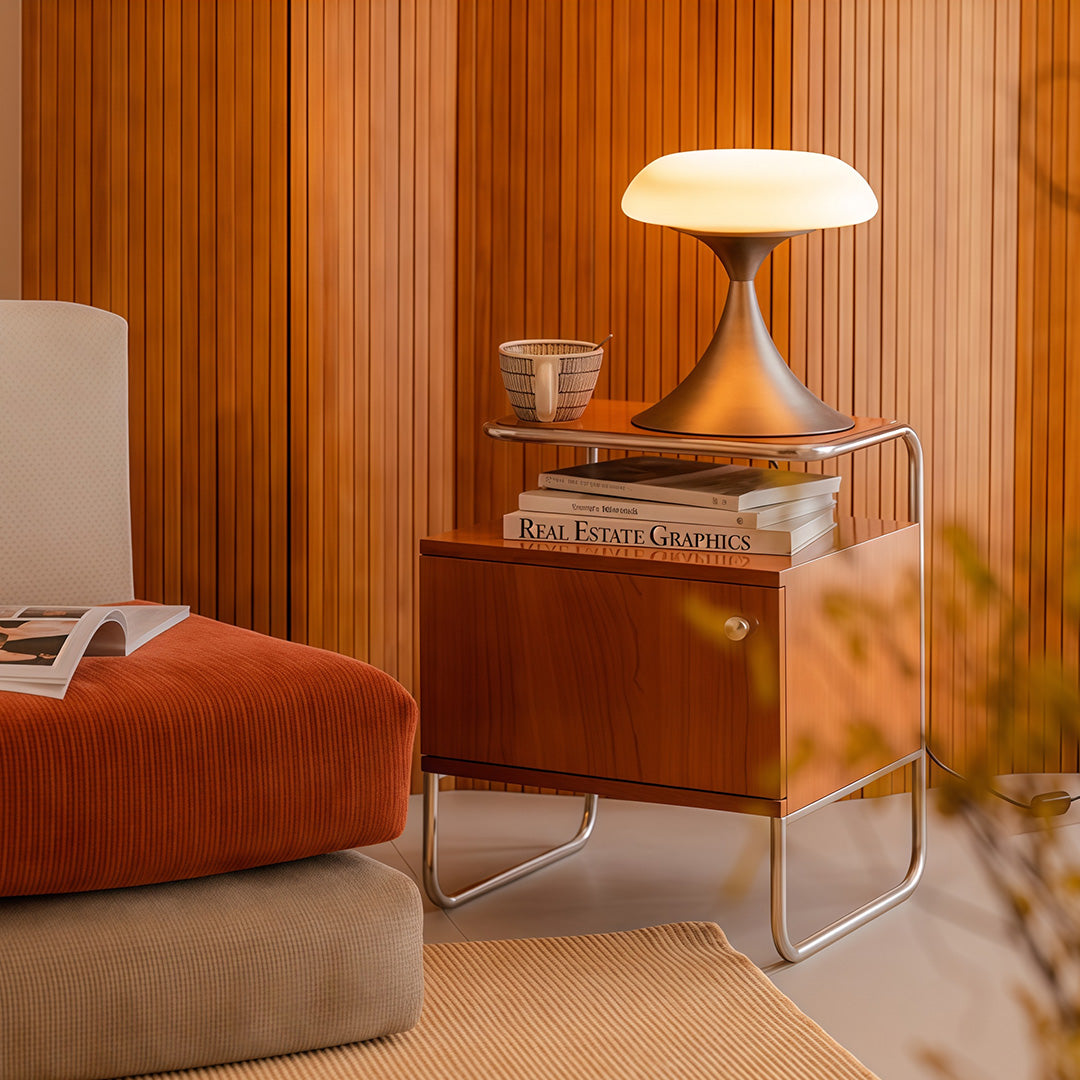 Retro style table lamps placed on a wooden cabinet, adding a touch of vintage elegance to a cozy living room.