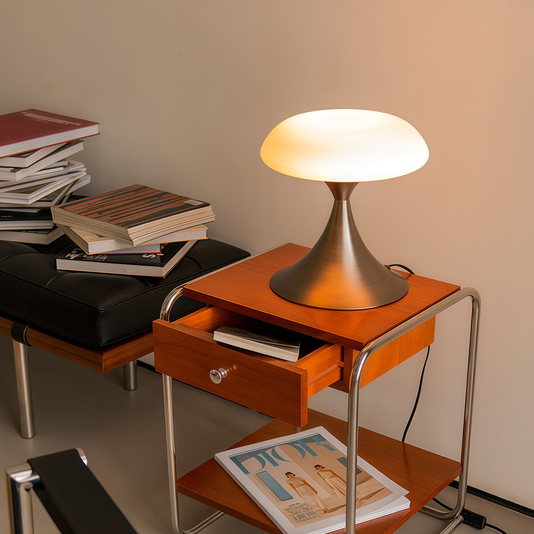Retro style table lamps on a wooden desk, enhancing the workspace with a blend of modern and vintage aesthetics.