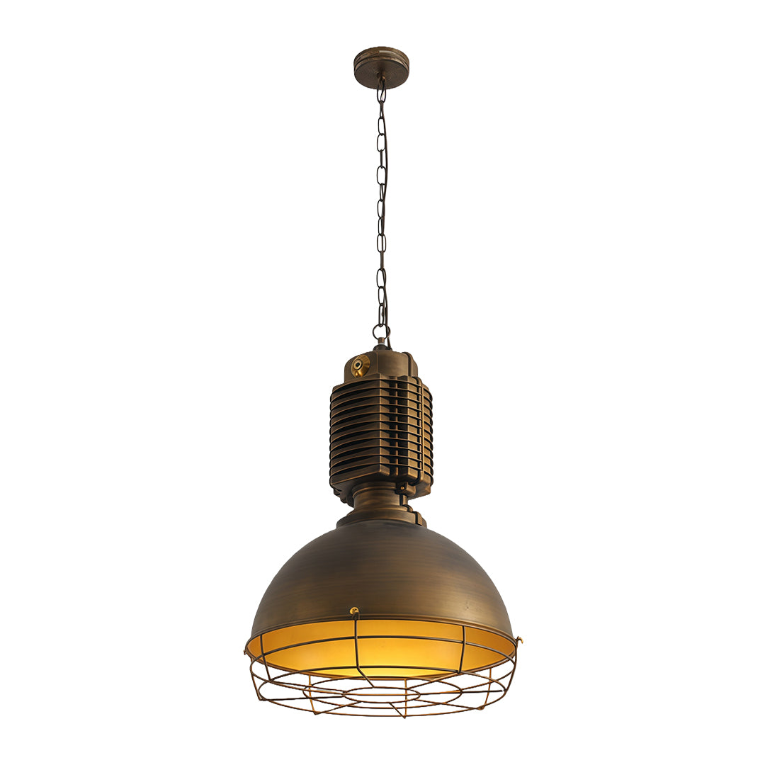 Retro vintage industrial pendant lighting with brass and bronze finish dome shade and decorative metal cage
