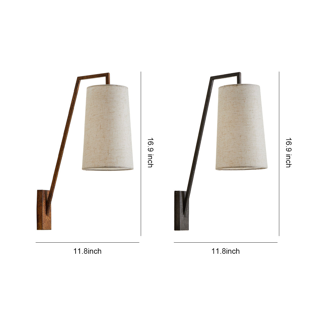 Retro wall lights with tapered fabric shades and angled metal arms in wood and black finish options