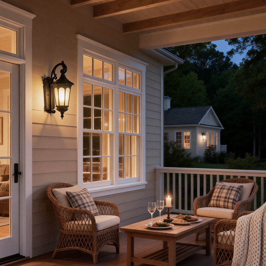 Retro wall sconce illuminating a cozy porch with warm, inviting light.