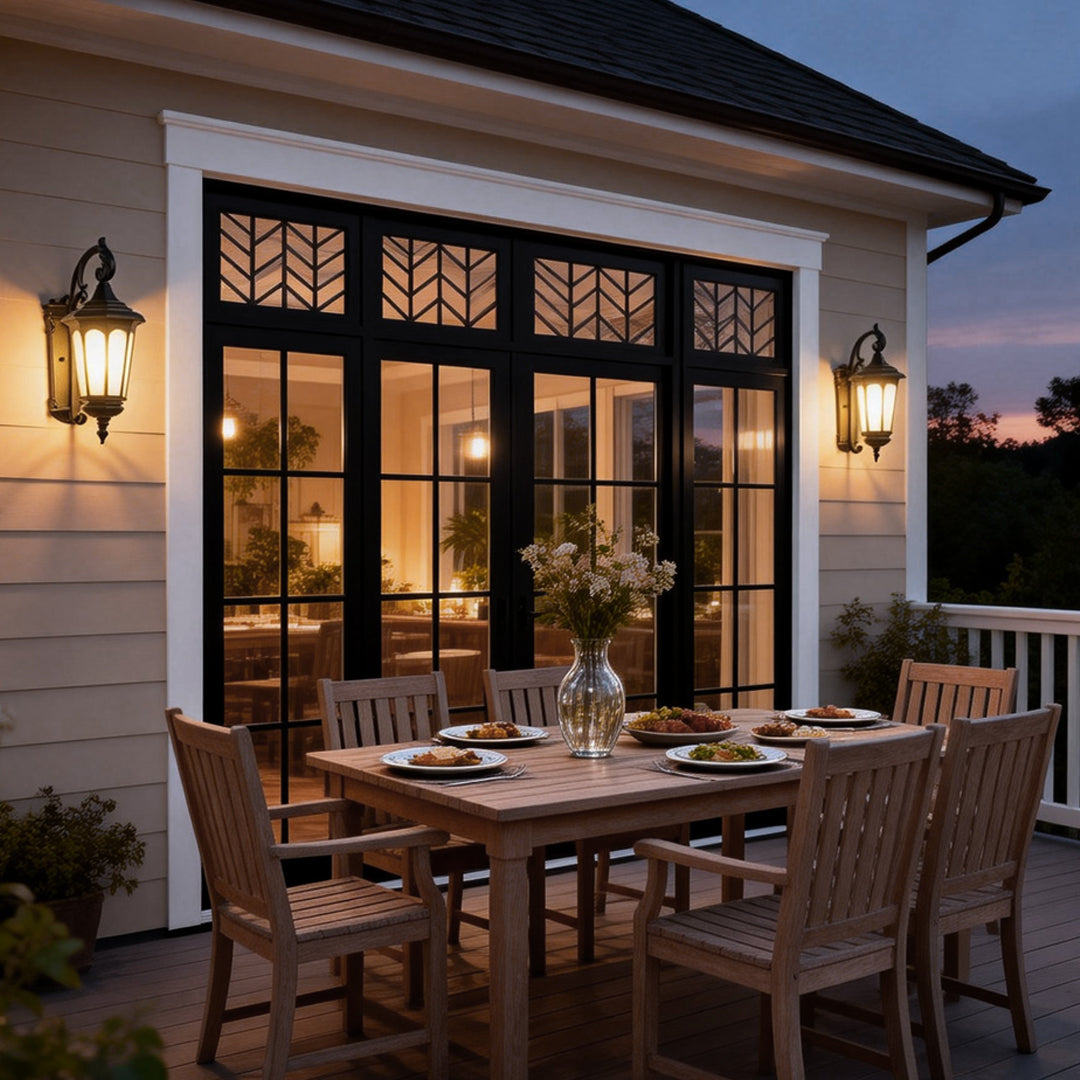 Retro wall sconce providing elegant lighting for an outdoor dining area.