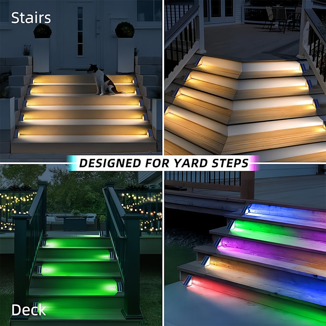 Multi-color outdoor solar step lights featuring RGB LED technology and customizable lighting modes