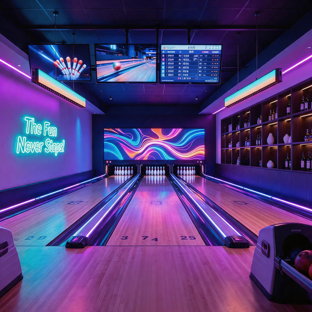 RGB contemporary linear chandelier featured above a neon bowling alley lounge.
