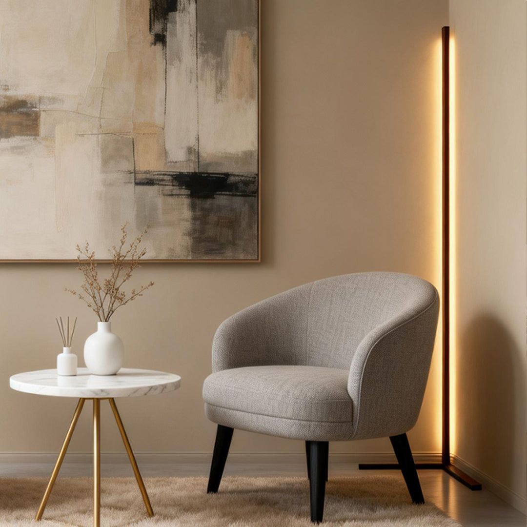 RGB corner floor lamp enhancing a modern living room with soft ambient glow.
