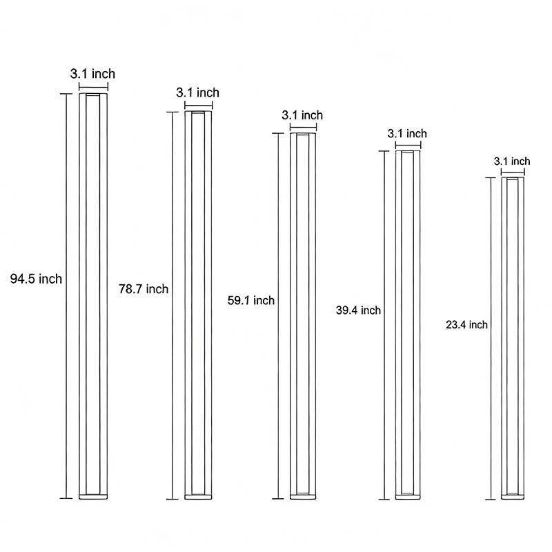 Technical diagram showing dimensions and structure of RGB gate wall light models.
